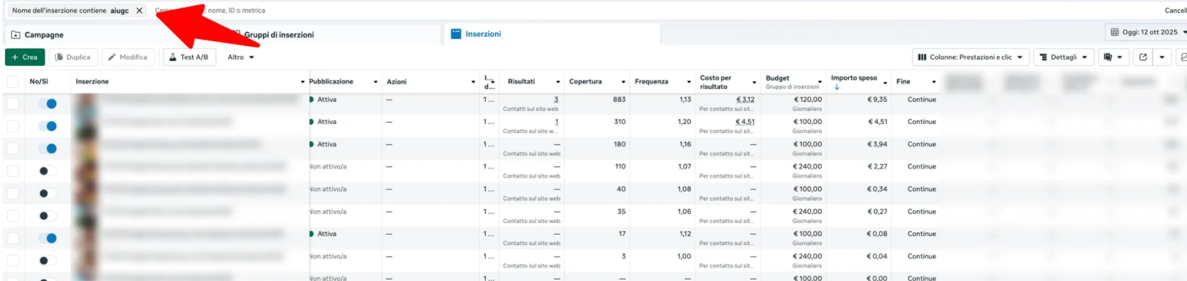 Meta ads manager, UGC campaign results